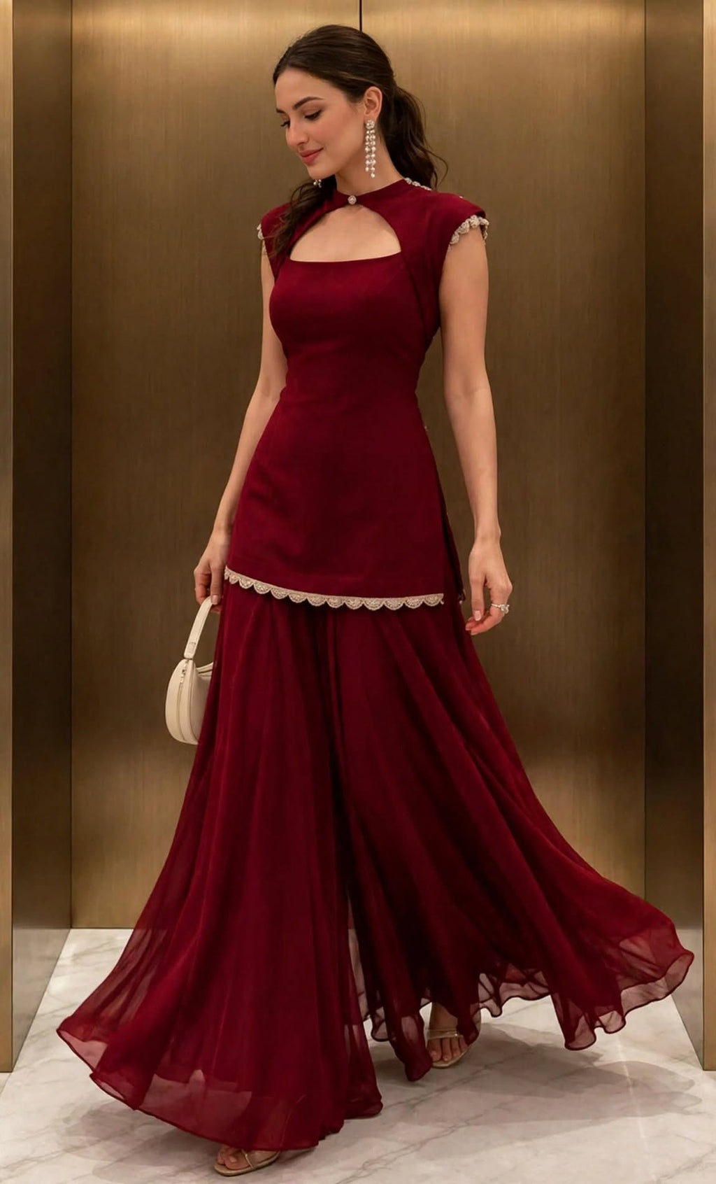 Wine Red Scallop-Lace Palazzo Suit