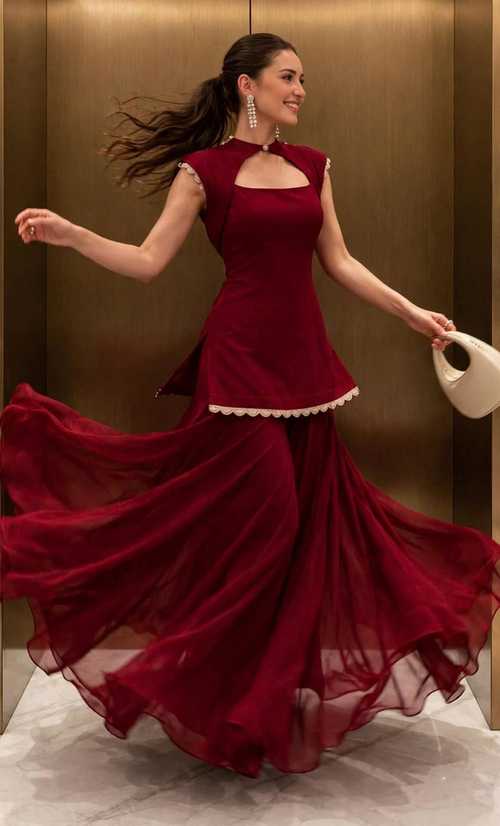 Wine Red Scallop-Lace Palazzo Suit