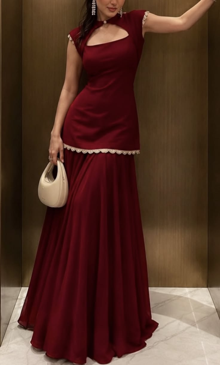 Wine Red Scallop-Lace Palazzo Suit