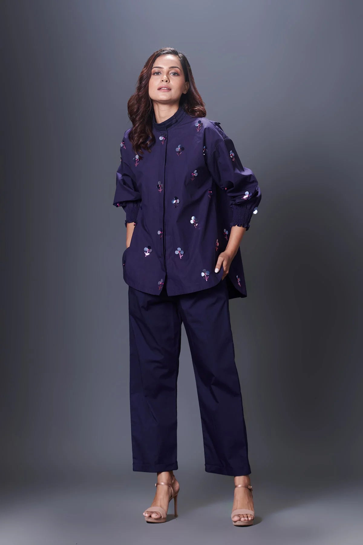 Navy blue hand embroidered cordset