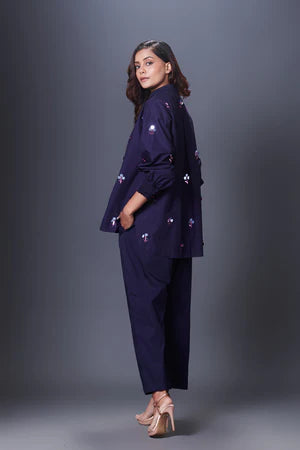 Navy blue hand embroidered cordset