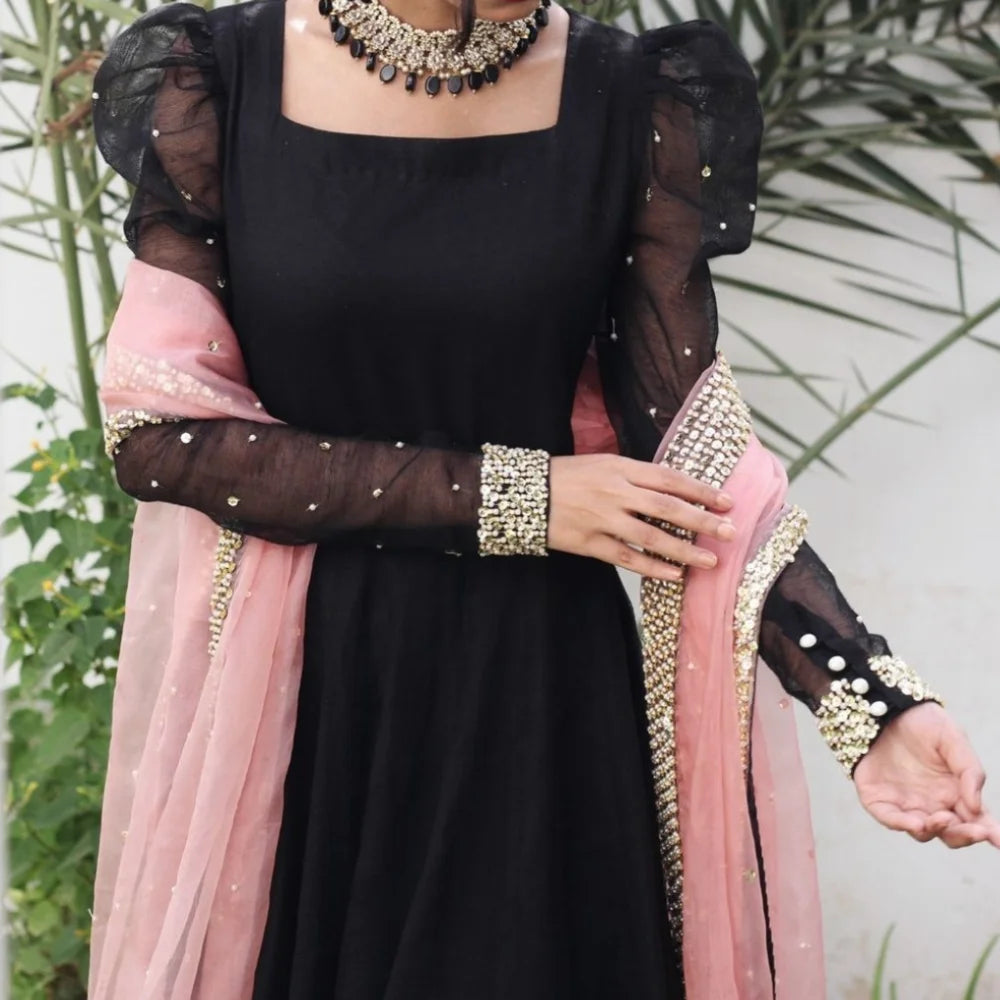 Black Anarkali with Soft Pink Net Dupatta