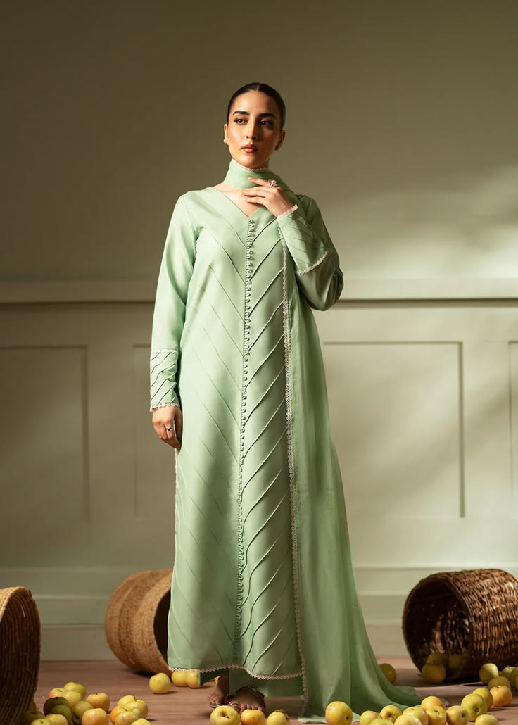 Green Panel Long Shirt with Dupatta