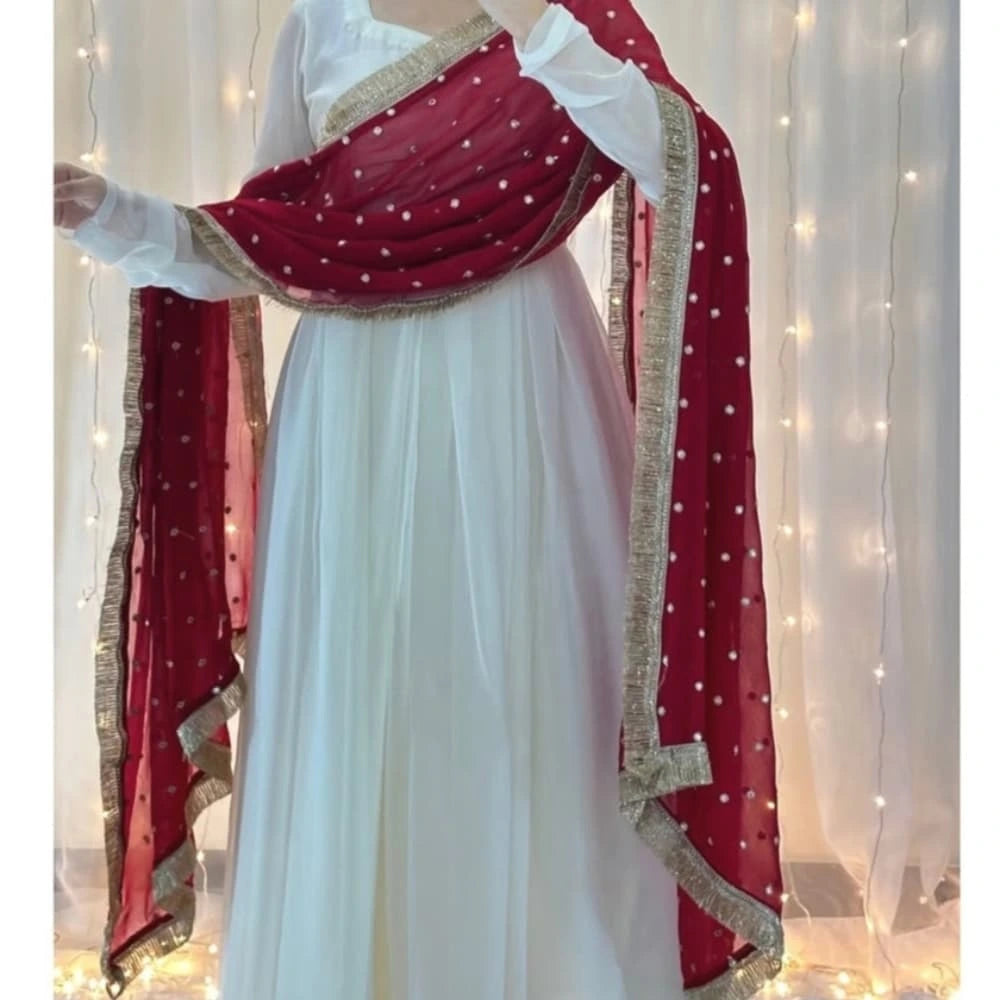 Blossom White Anarkali with Red Dupatta