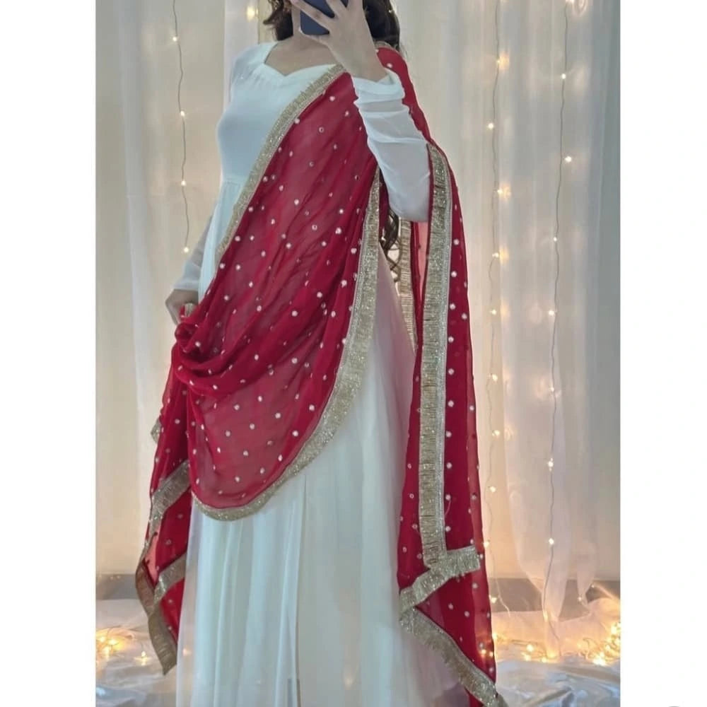 Blossom White Anarkali with Red Dupatta