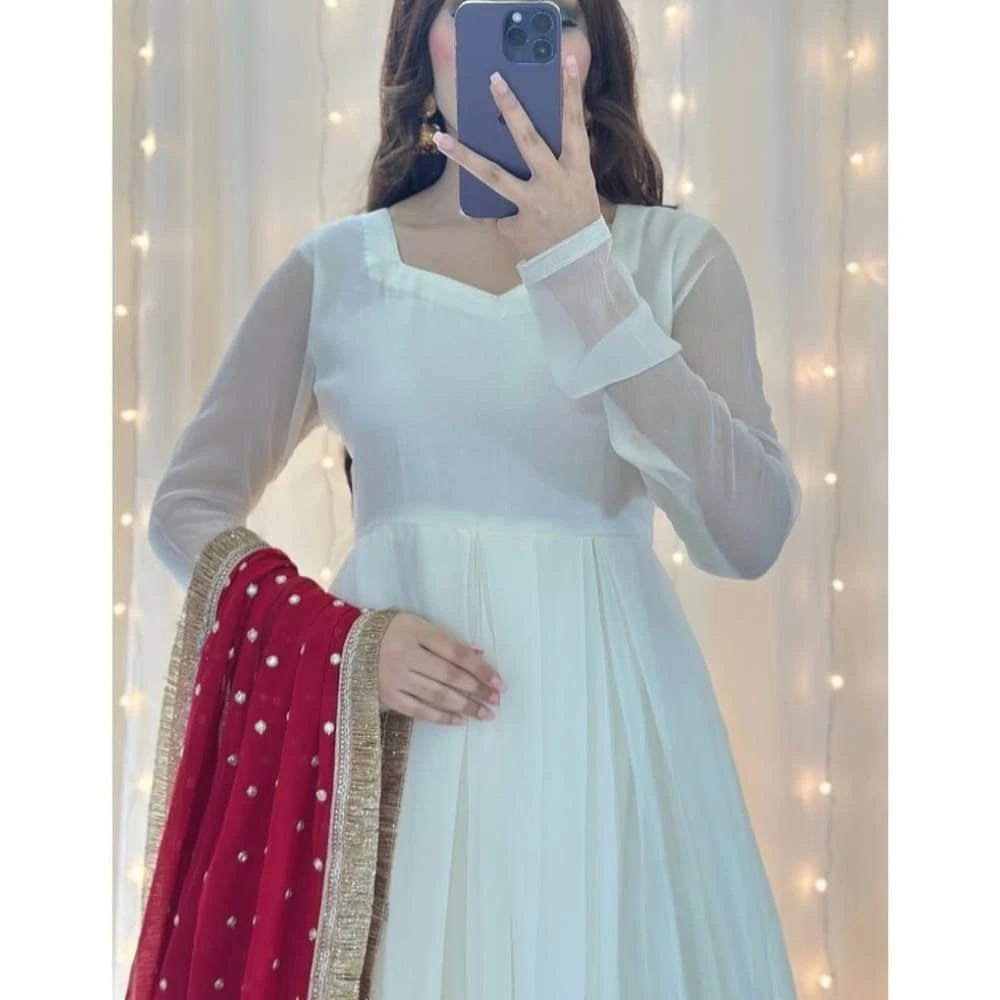Blossom White Anarkali with Red Dupatta