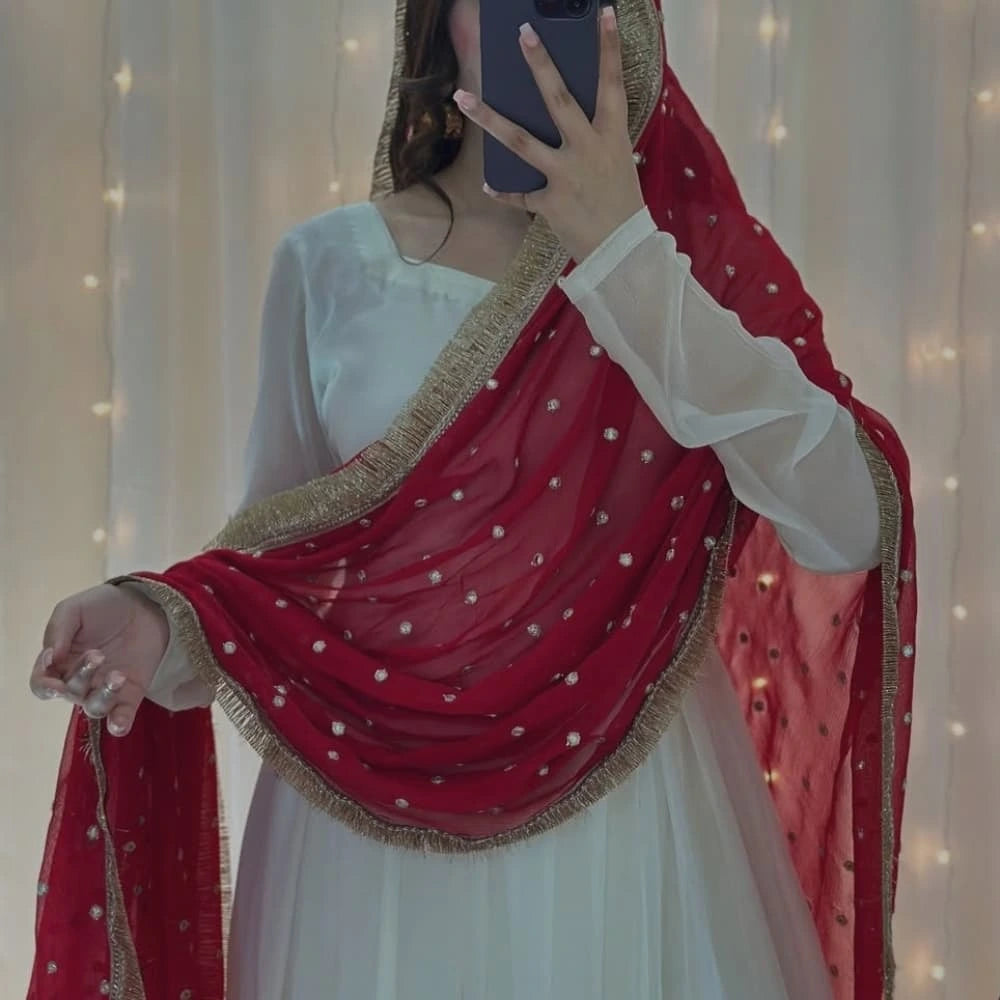Blossom White Anarkali with Red Dupatta