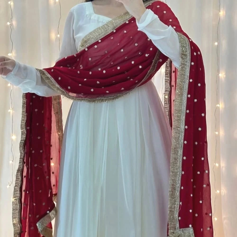 Blossom White Anarkali with Red Dupatta