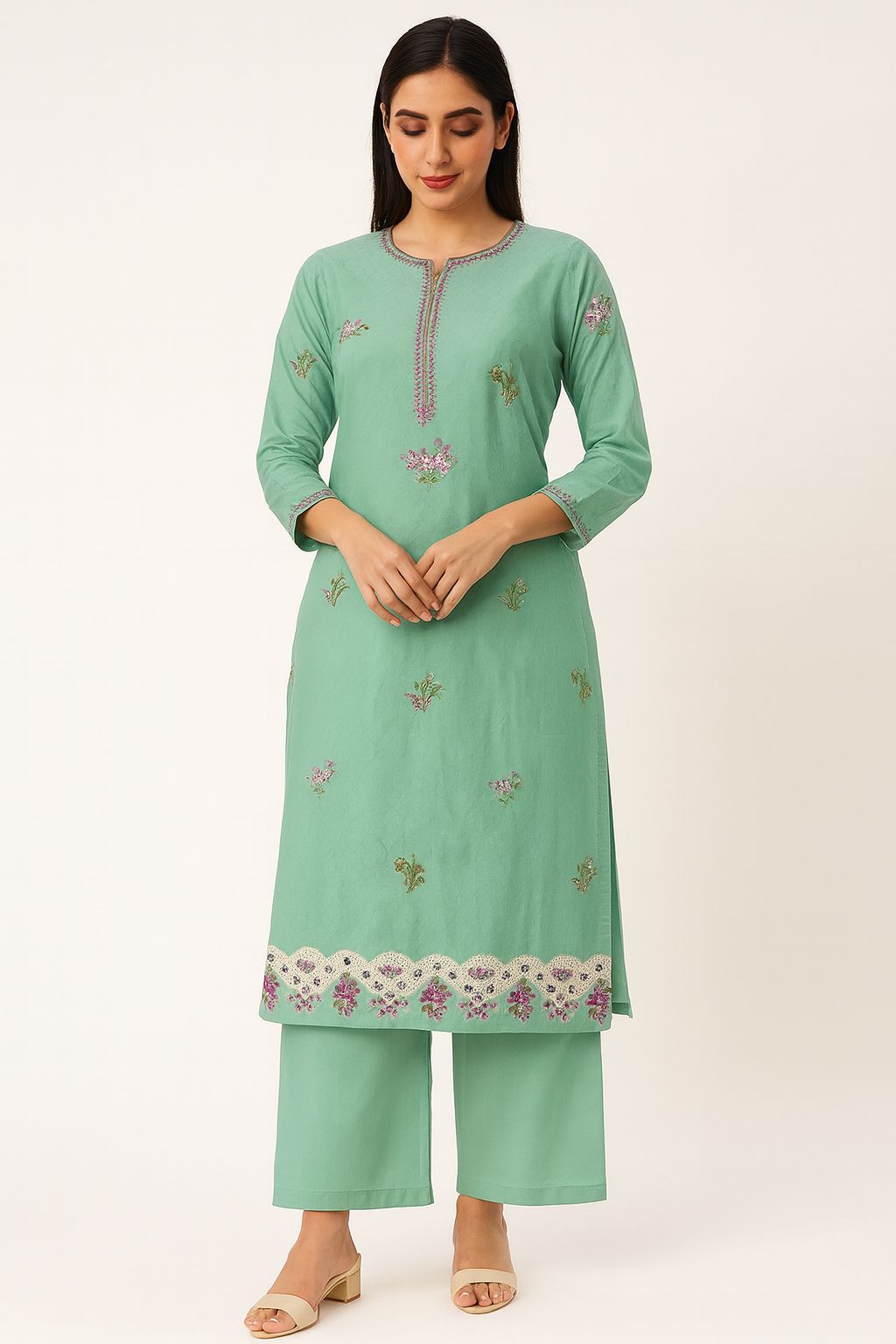 Embroidered Mint Green Cotton Kurta Set