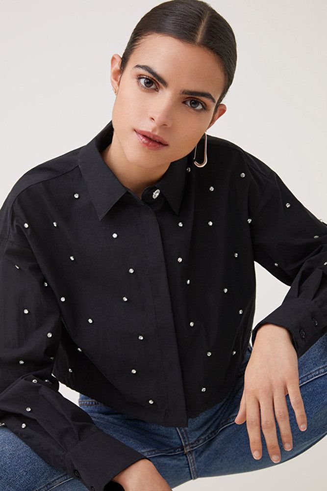 Black Embellished Cropped Shirt