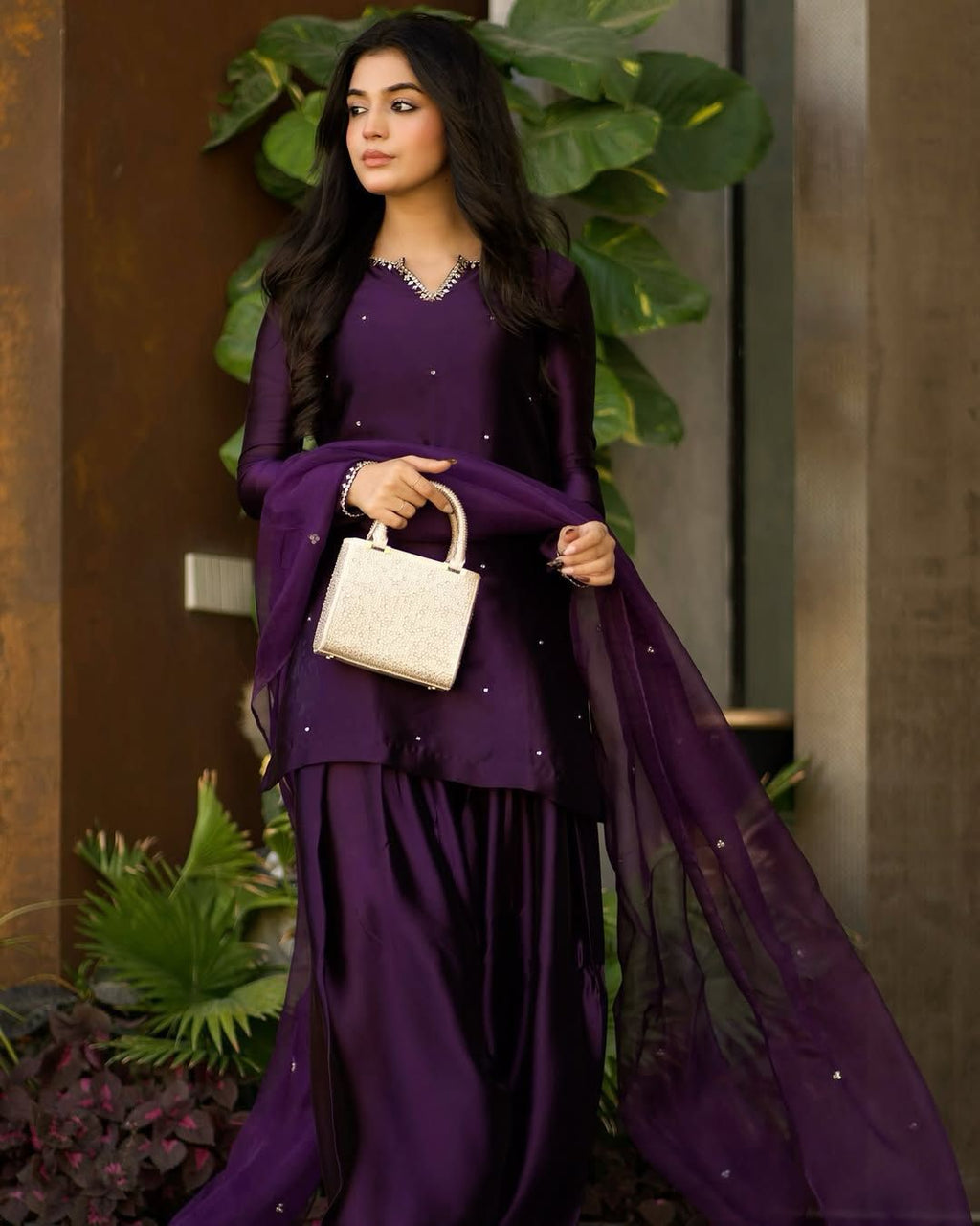 Deep Purple Embellished Farsi shalwar