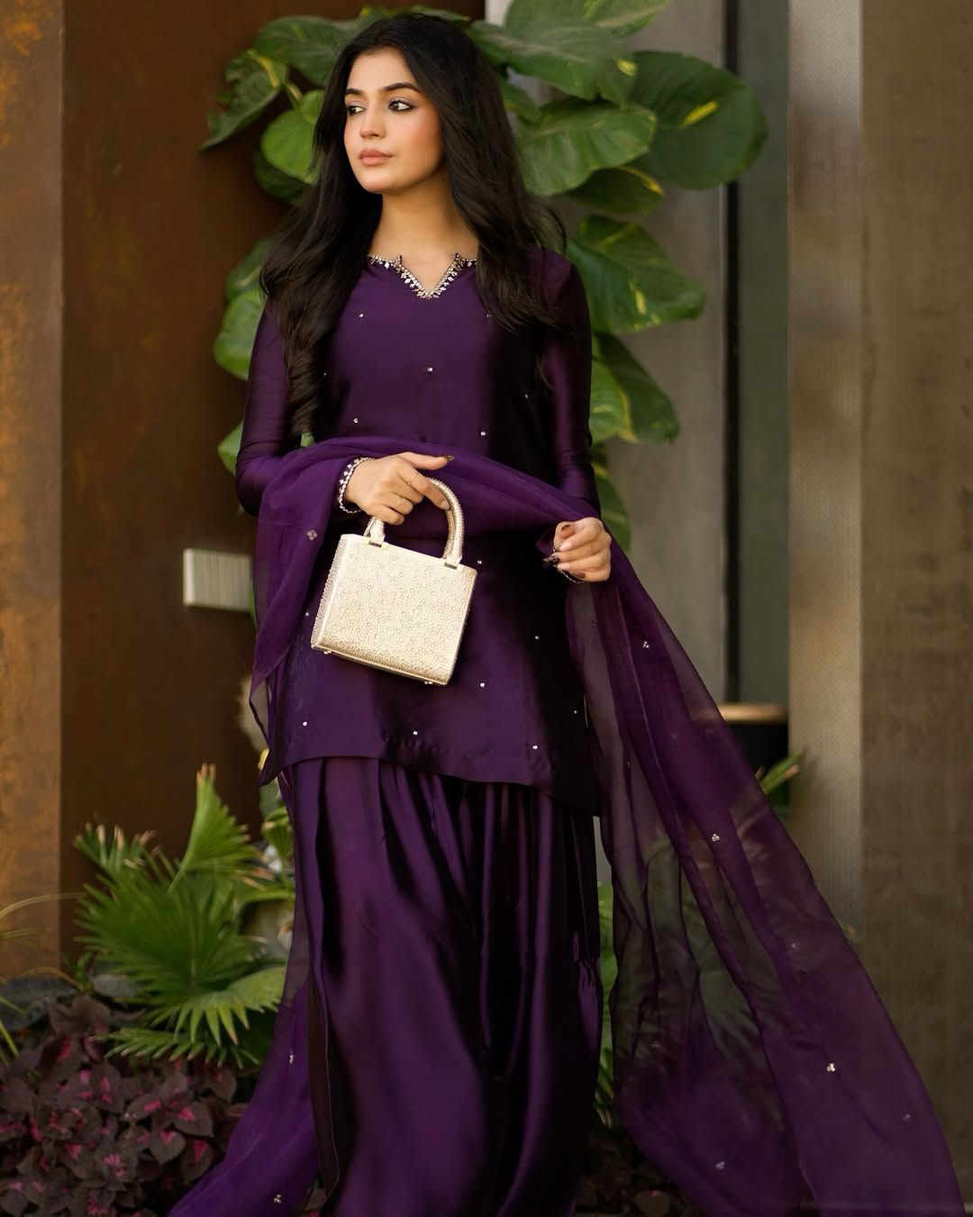 Deep Purple Embellished Farsi shalwar