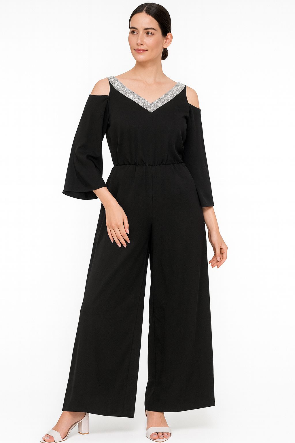 Silk Jumpsuit with Embellished Neckline