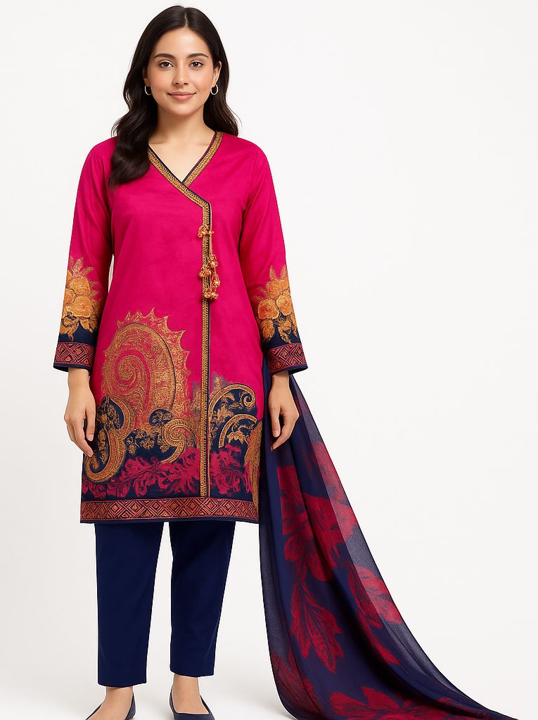 Fuchsia & Navy 3-Piece Stitched Silk Suit