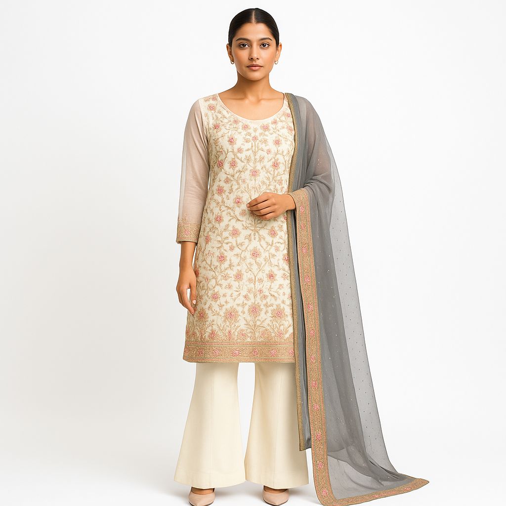 Luxury Cream Embroidered Organza Suit – 3 Piece