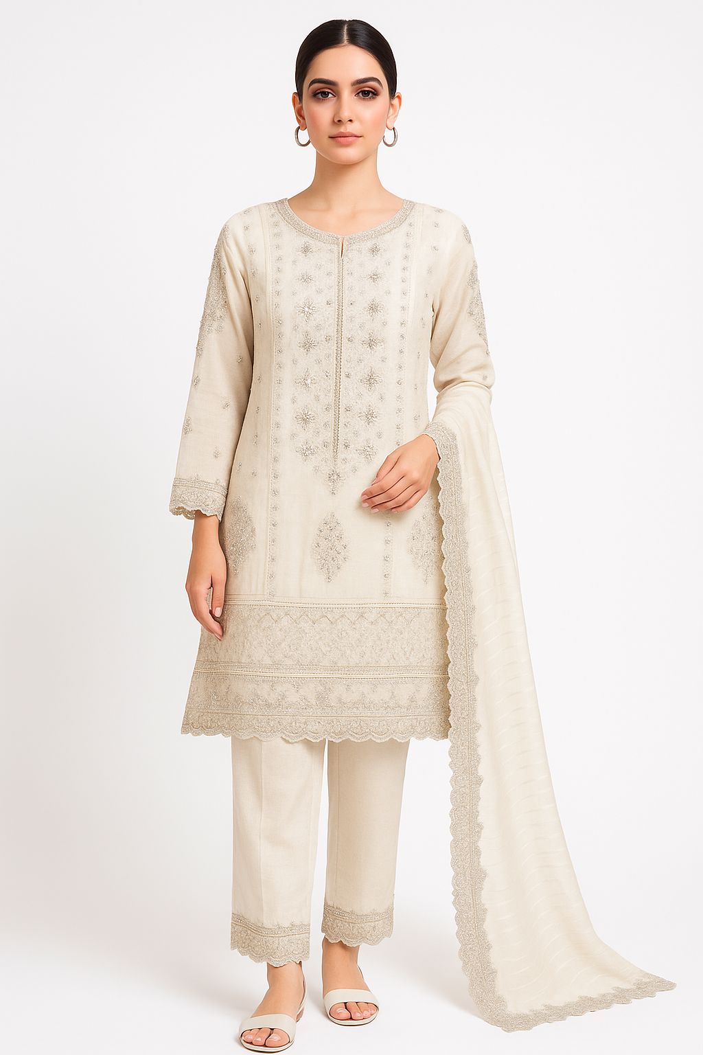 Graceful Beige Embroidered 3-Piece Lawn Suit