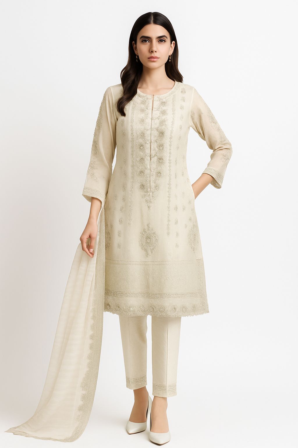 Elegant Off-White Embroidered Khaddi Net 3-Piece Suit