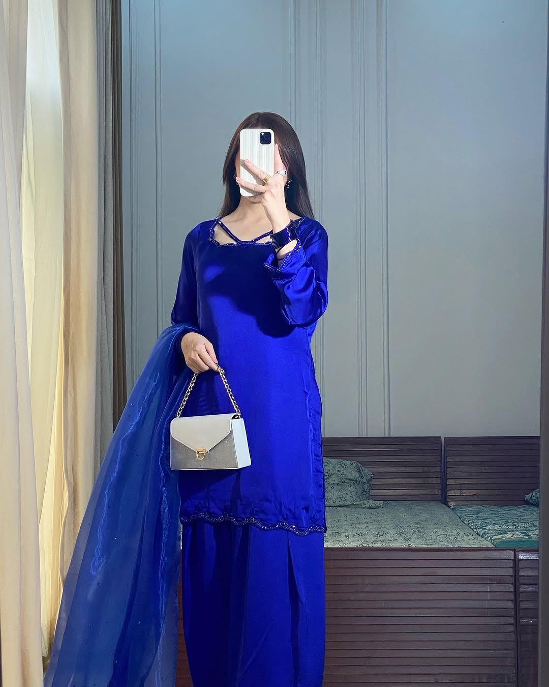 Royal Blue Satin Embellished 3-Piece Suit