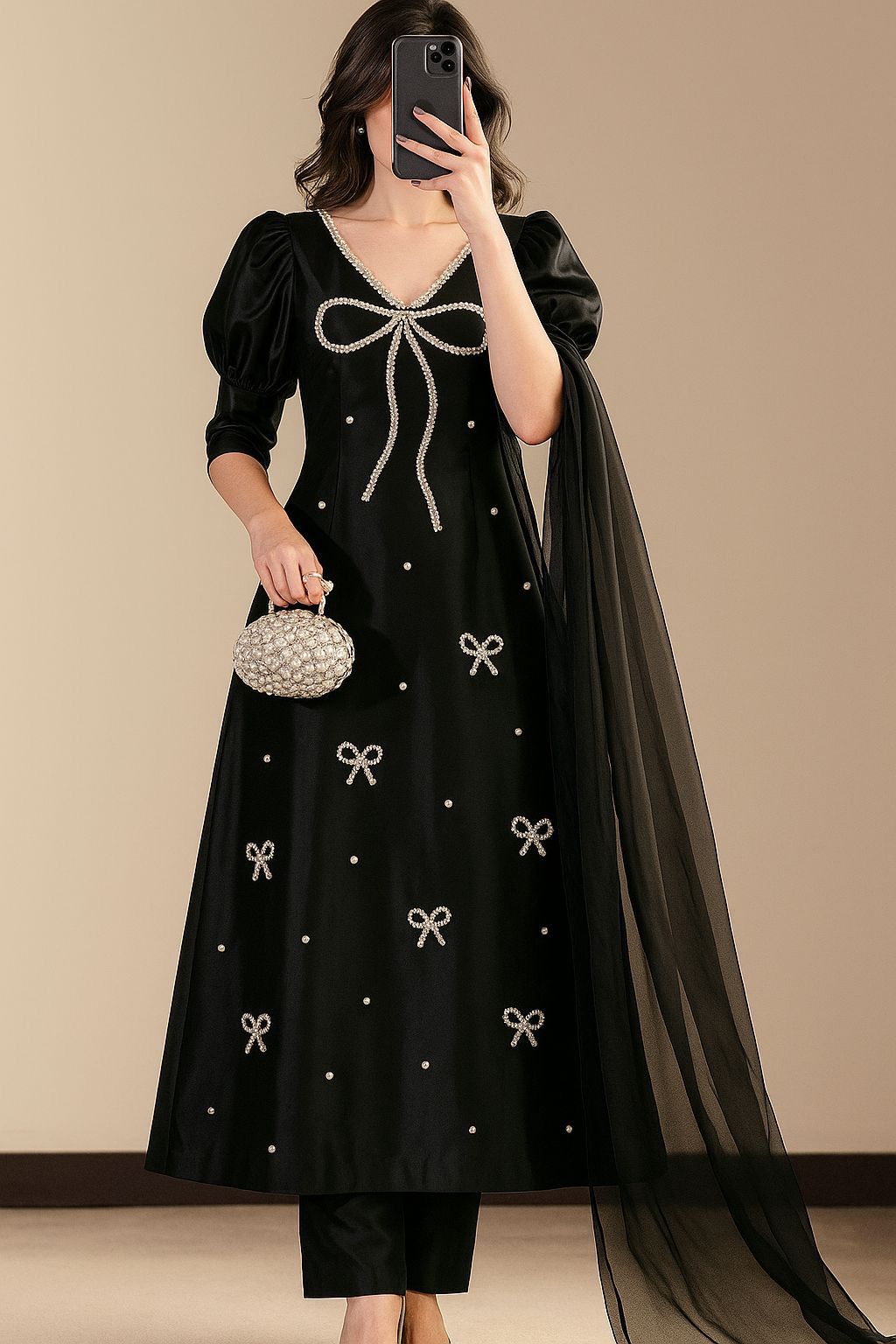 Black Pearl Bow Embellished 3pc