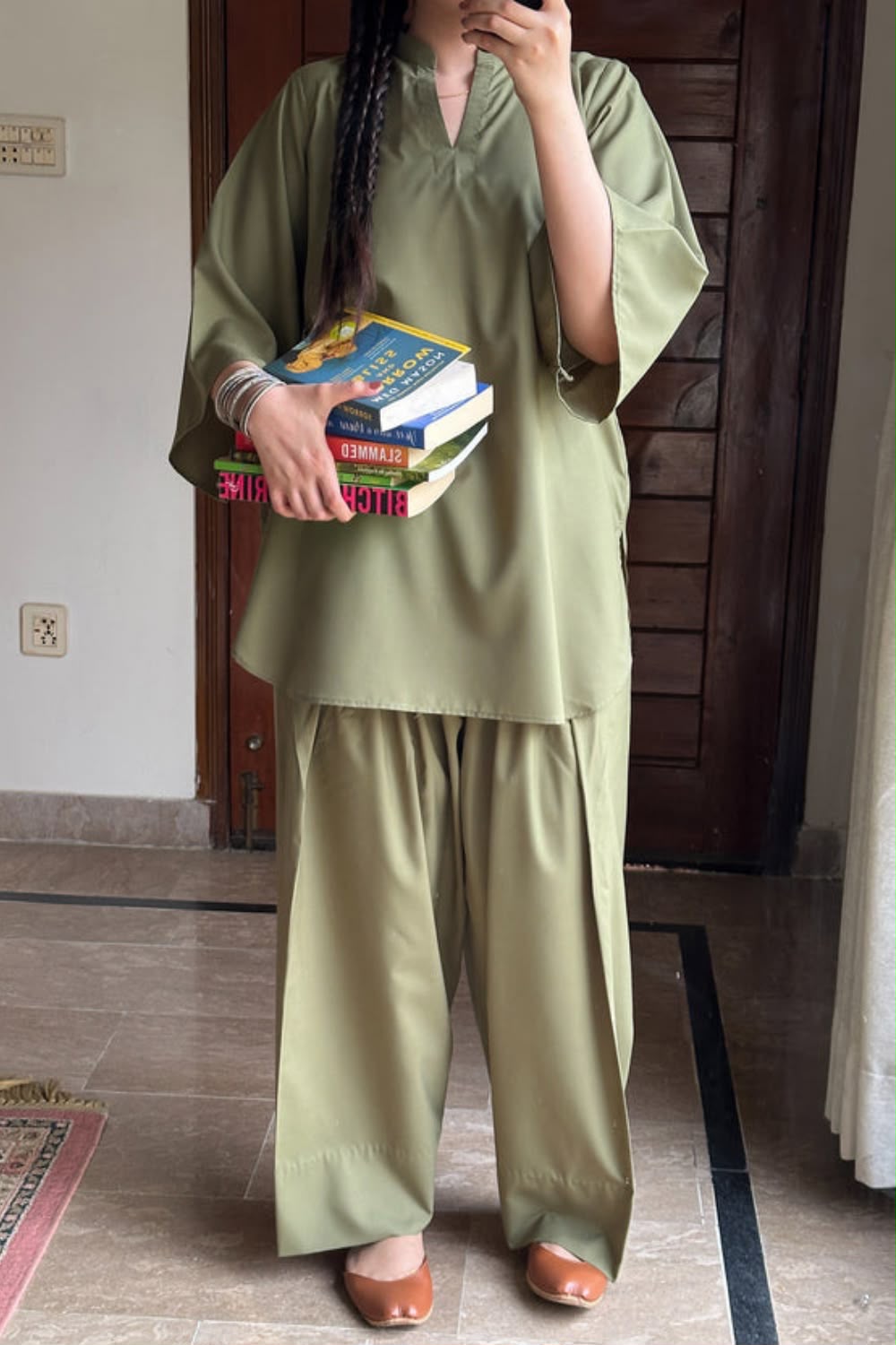 Sage Green V-Neck Kurta Set