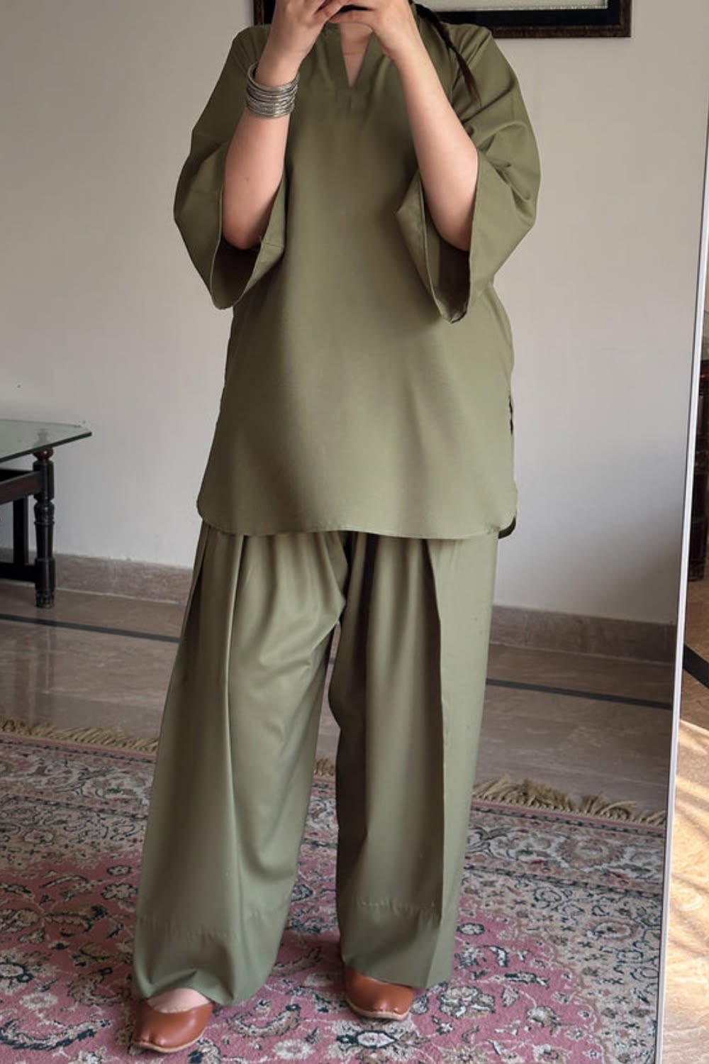 Sage Green V-Neck Kurta Set