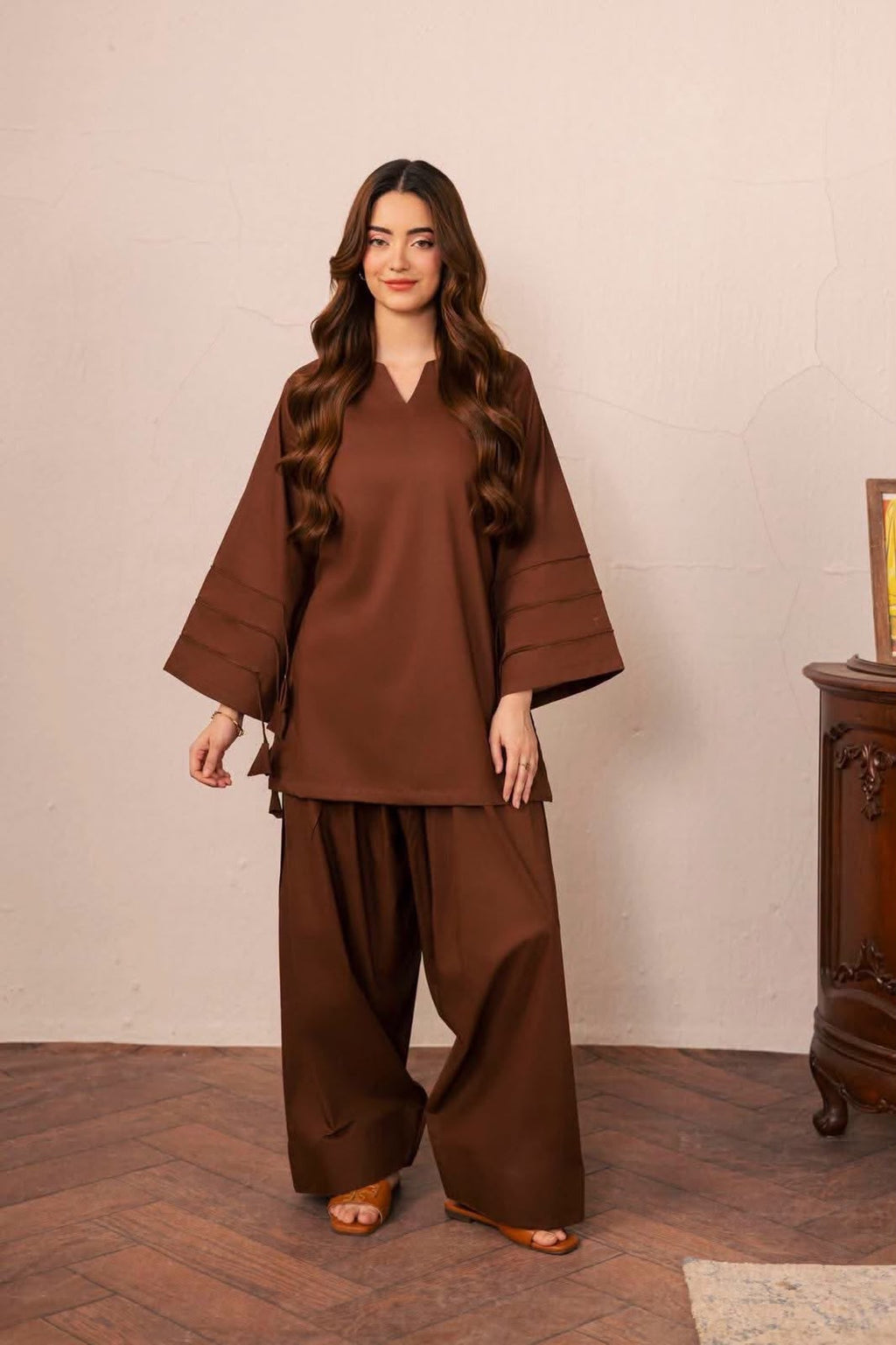 Mocha Muse Lace-Up Kurta & Wide-Leg Palazzo Set
