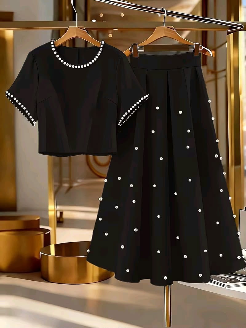 Black Skirt Set with Pearl Detailing