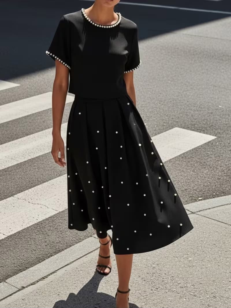 Black Skirt Set with Pearl Detailing