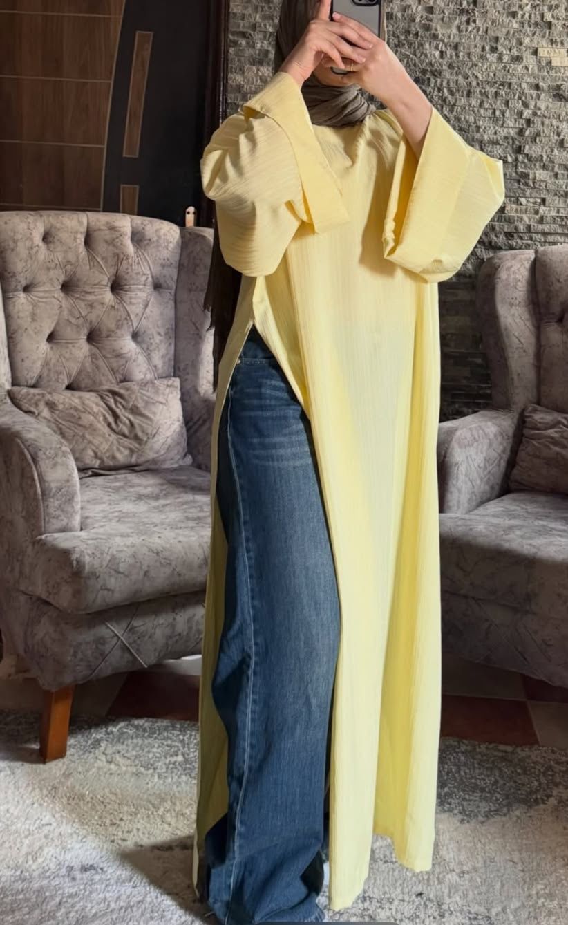 Long Side-Slit Modest Kurta - Yellow