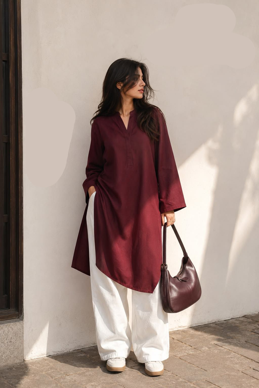 Maroon Long Kurta with White Shalwar Set