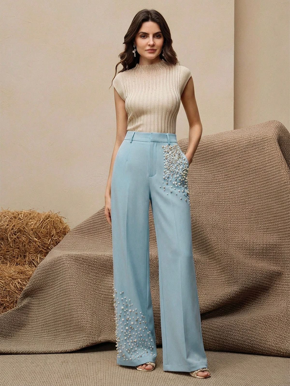 Embellished Wide-Leg Pants