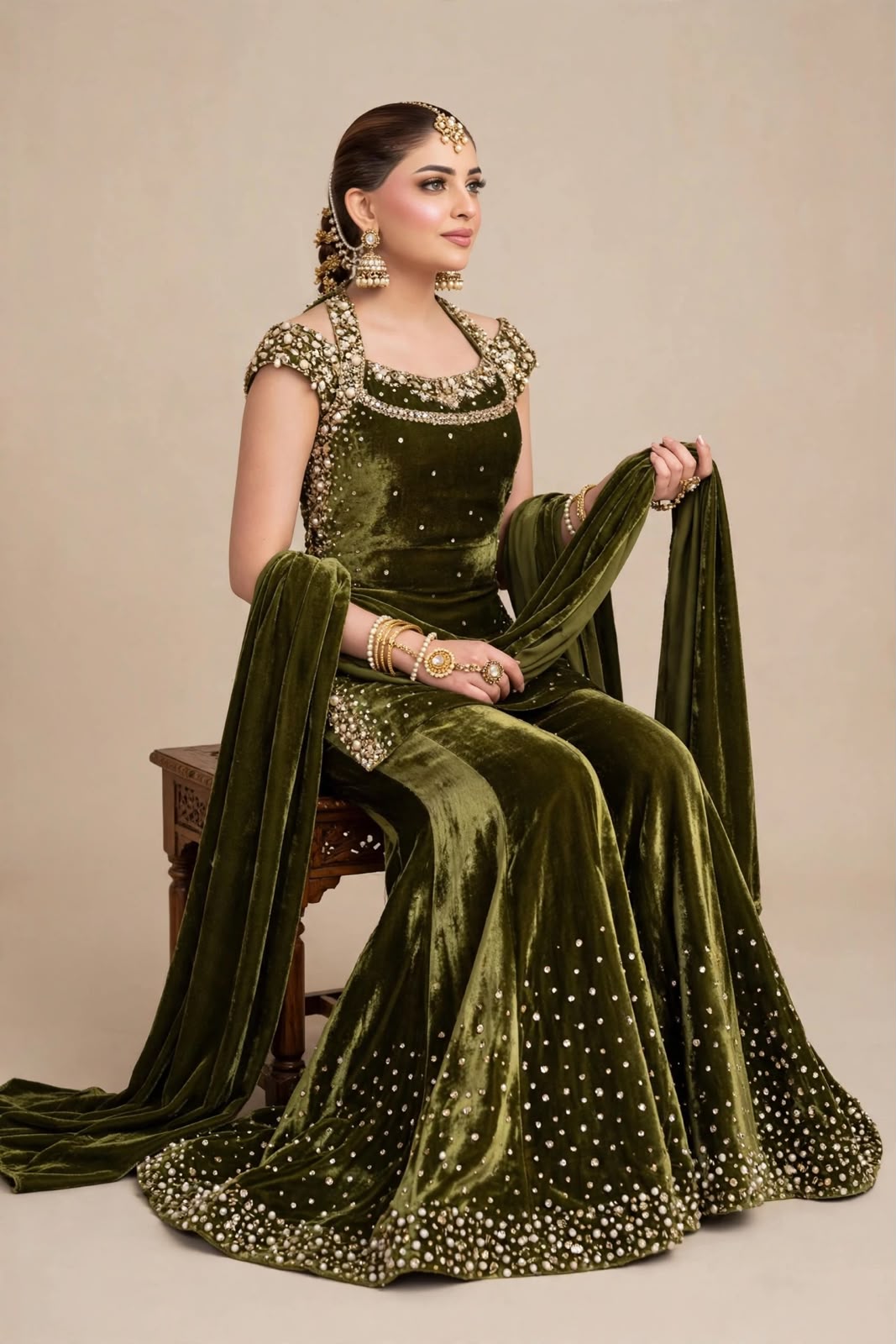 Olive Green Velvet Sharara Set