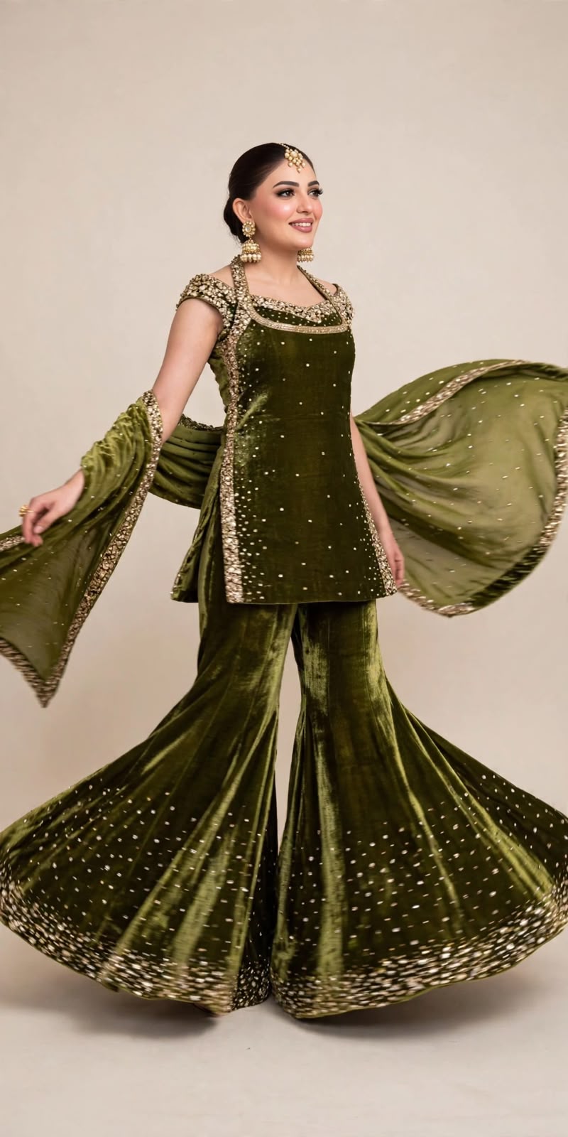 Olive Green Velvet Sharara Set