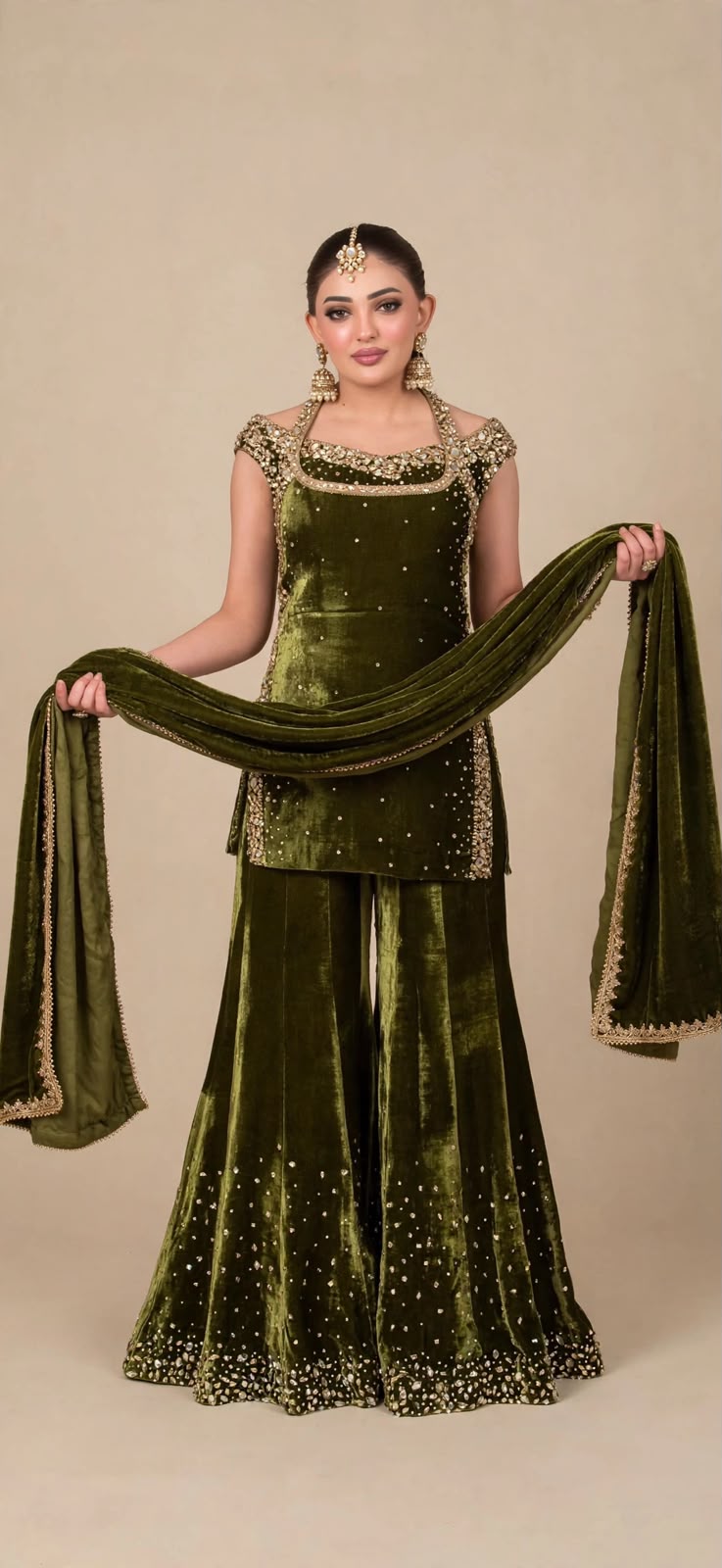 Olive Green Velvet Sharara Set