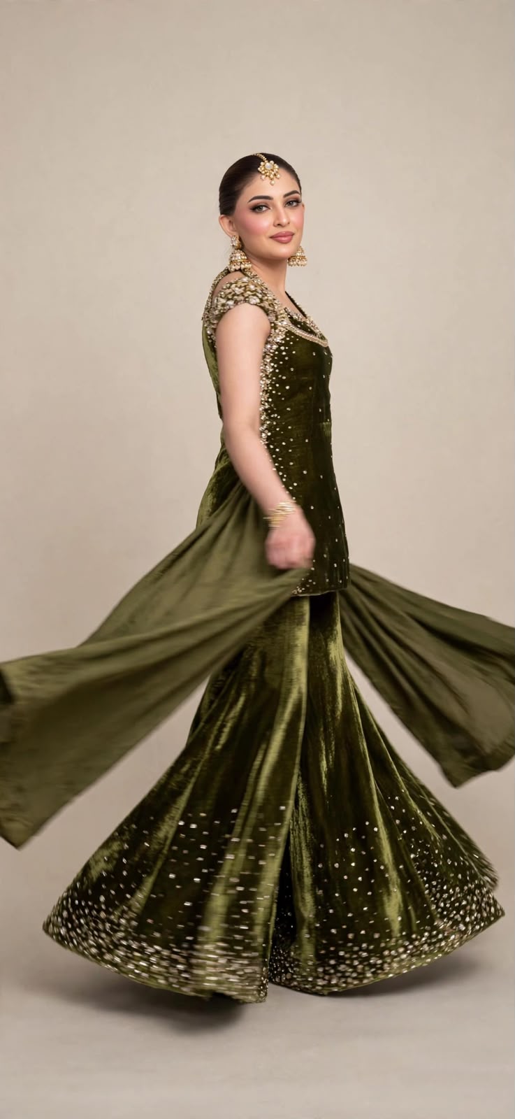 Olive Green Velvet Sharara Set