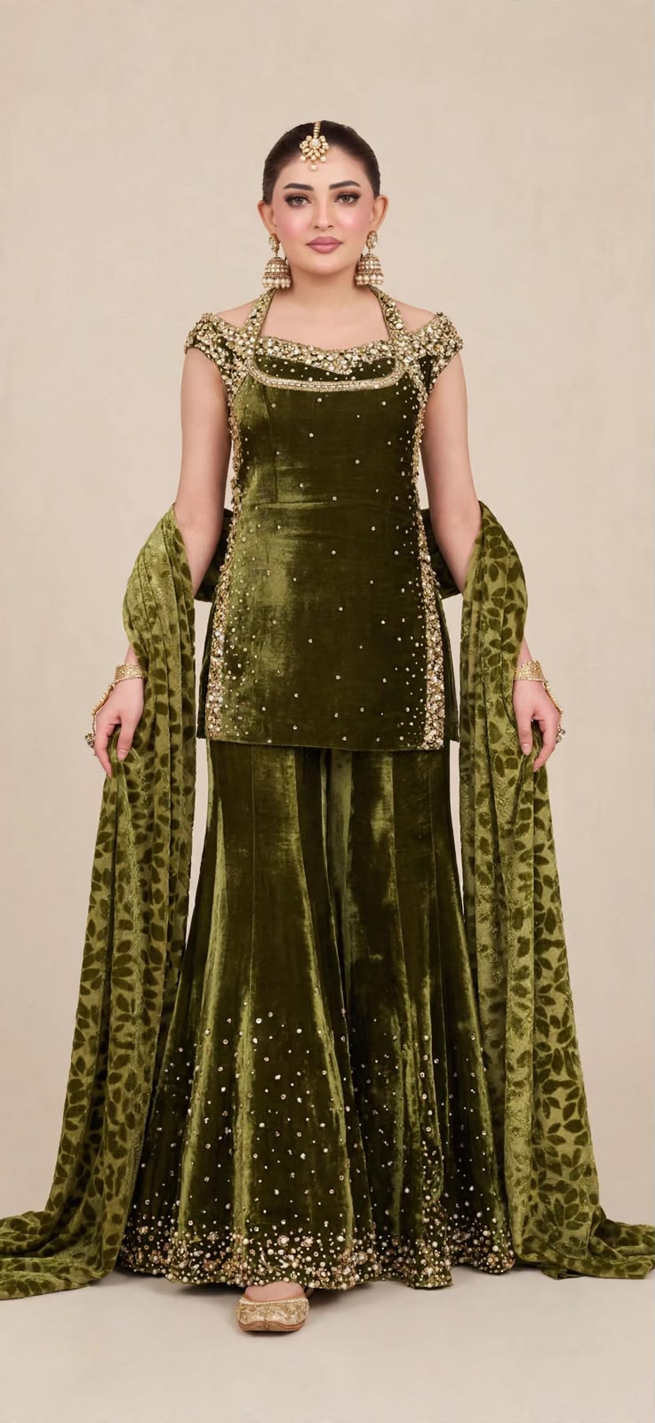 Olive Green Velvet Sharara Set