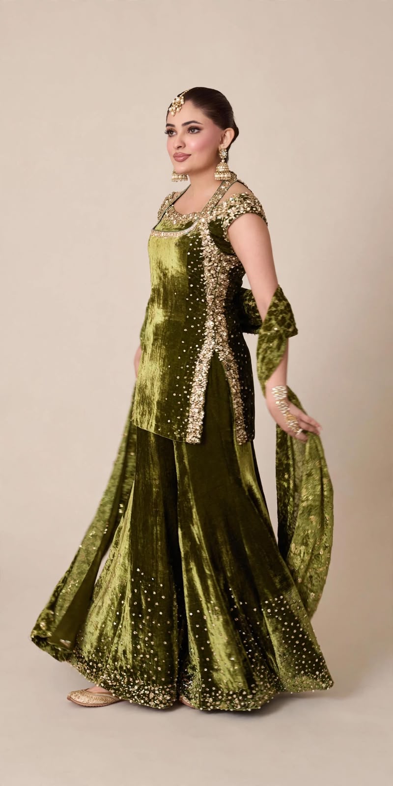 Olive Green Velvet Sharara Set