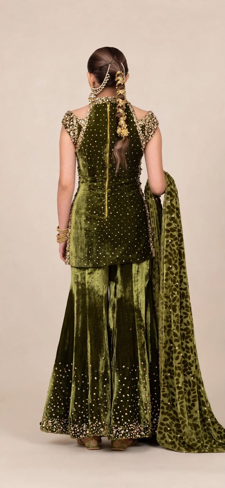 Olive Green Velvet Sharara Set