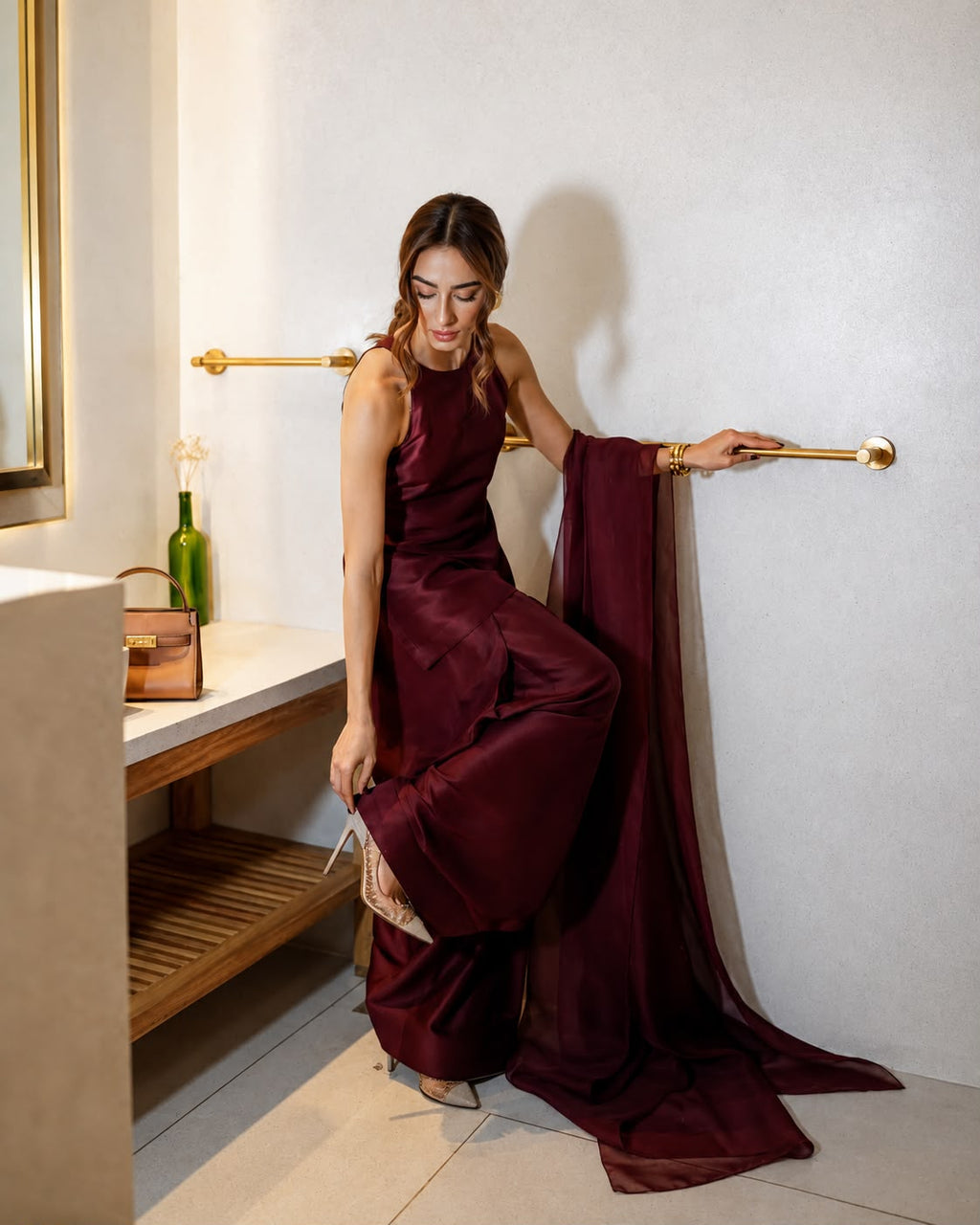 Burgundy Satin Halter Kurta Palazzo Set