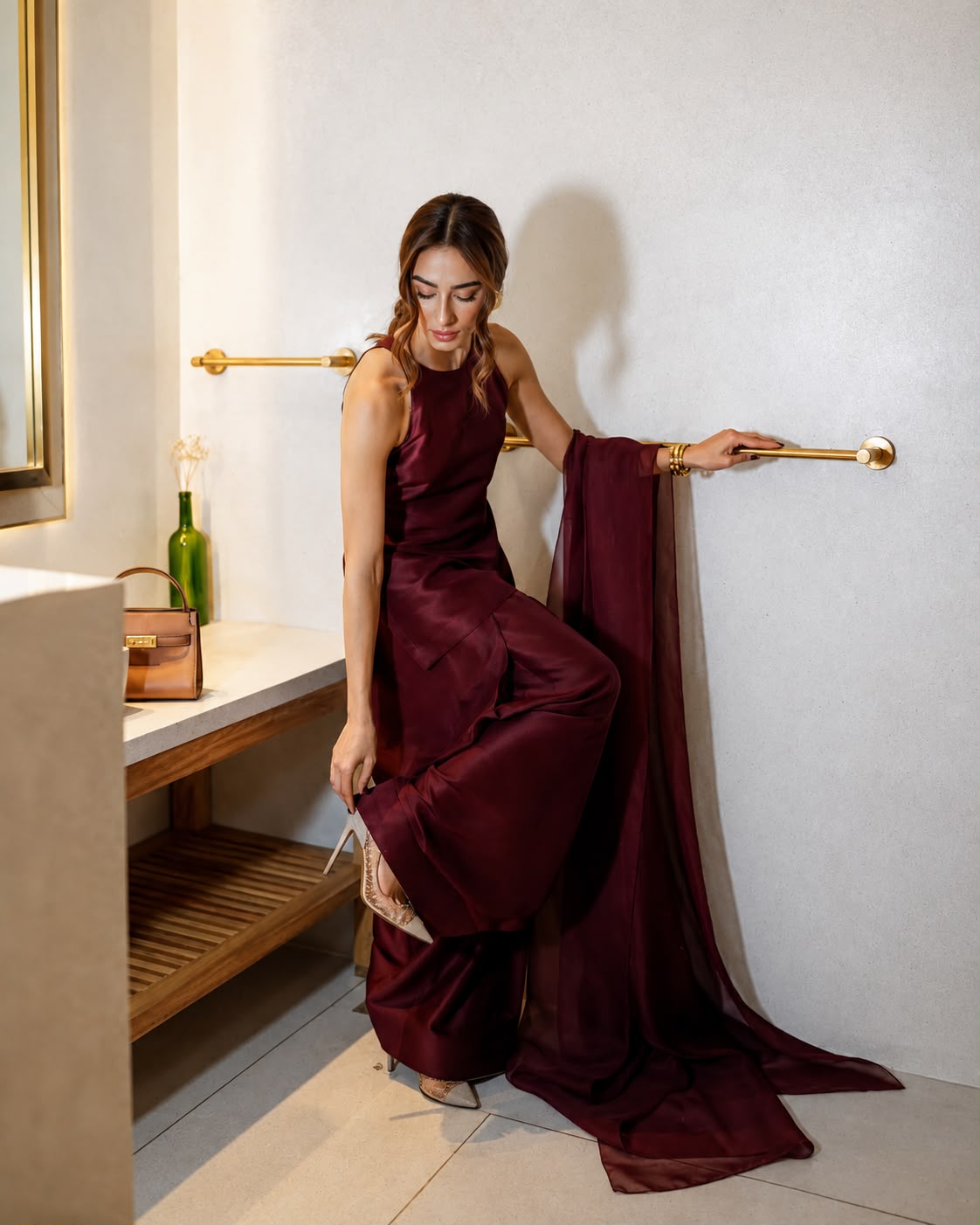 Burgundy Satin Halter Kurta Palazzo Set
