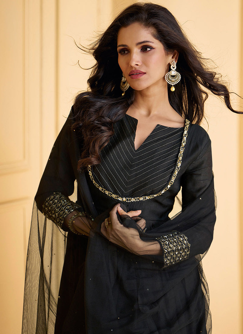 Black Anarkali Kurta Set with Embroidered Yoke