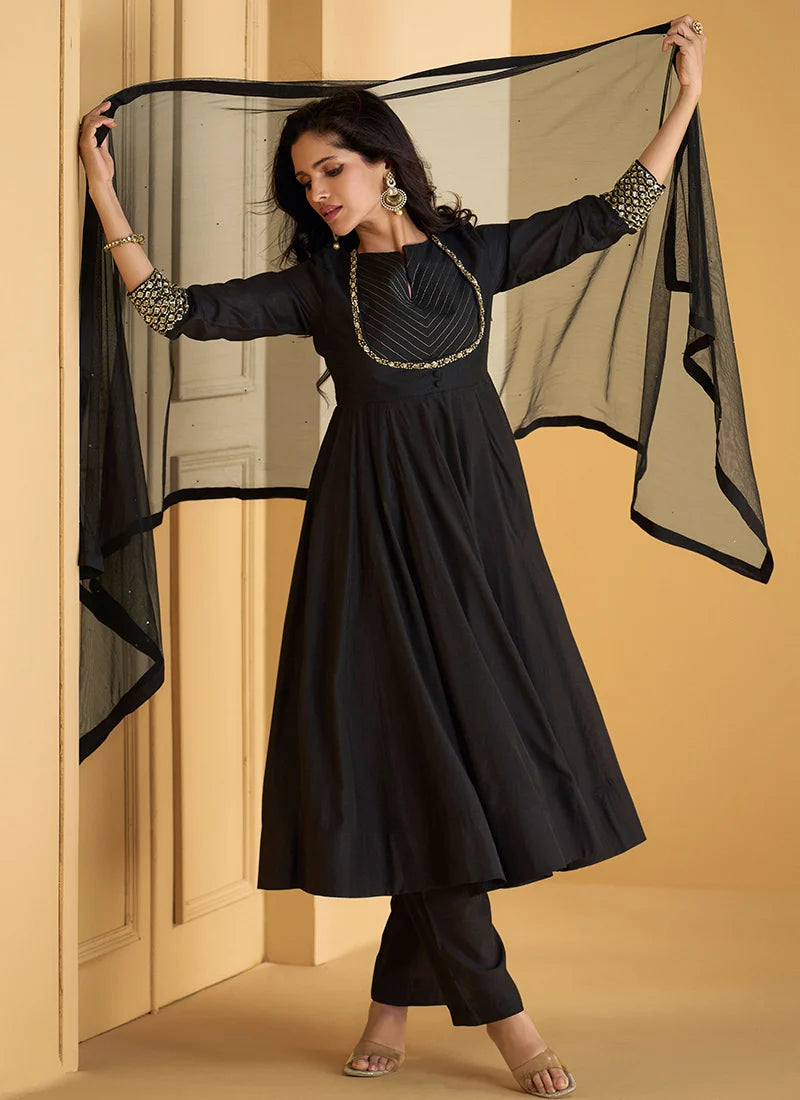 Black Anarkali Kurta Set with Embroidered Yoke
