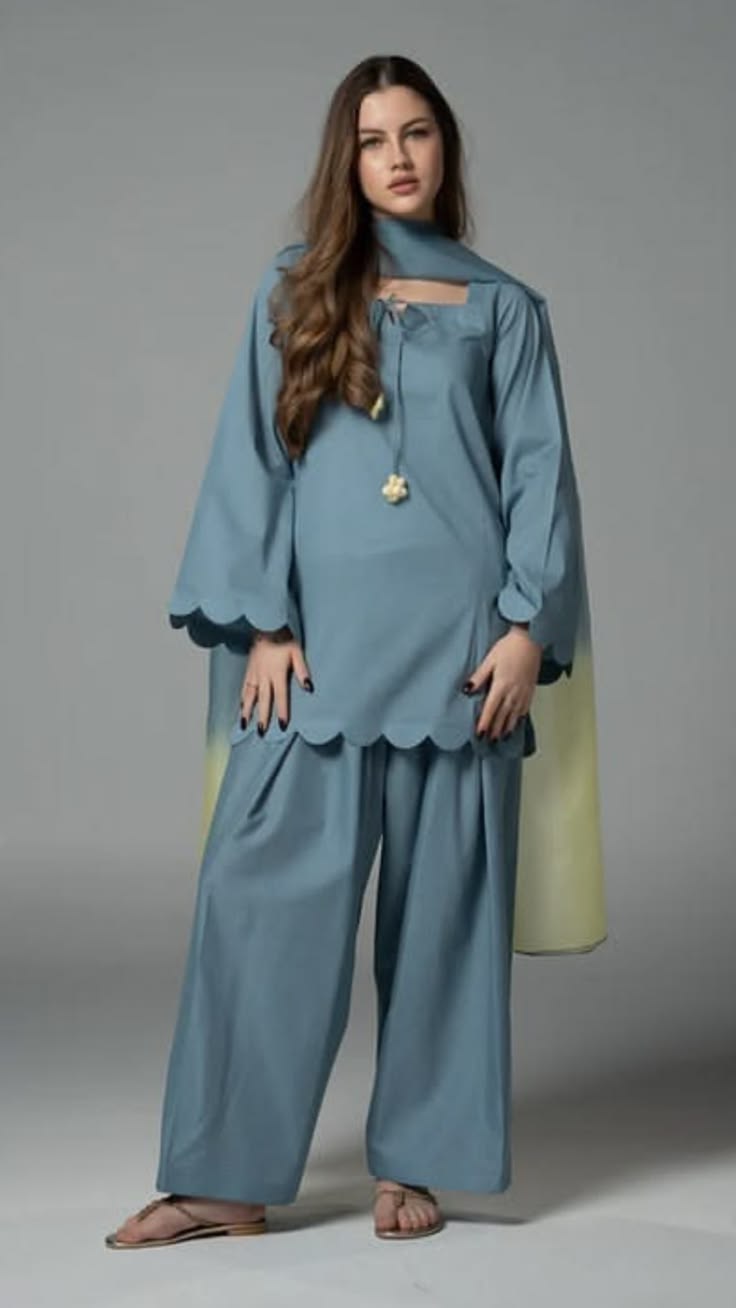 Dusty Blue Scallop Farshi Shalwar