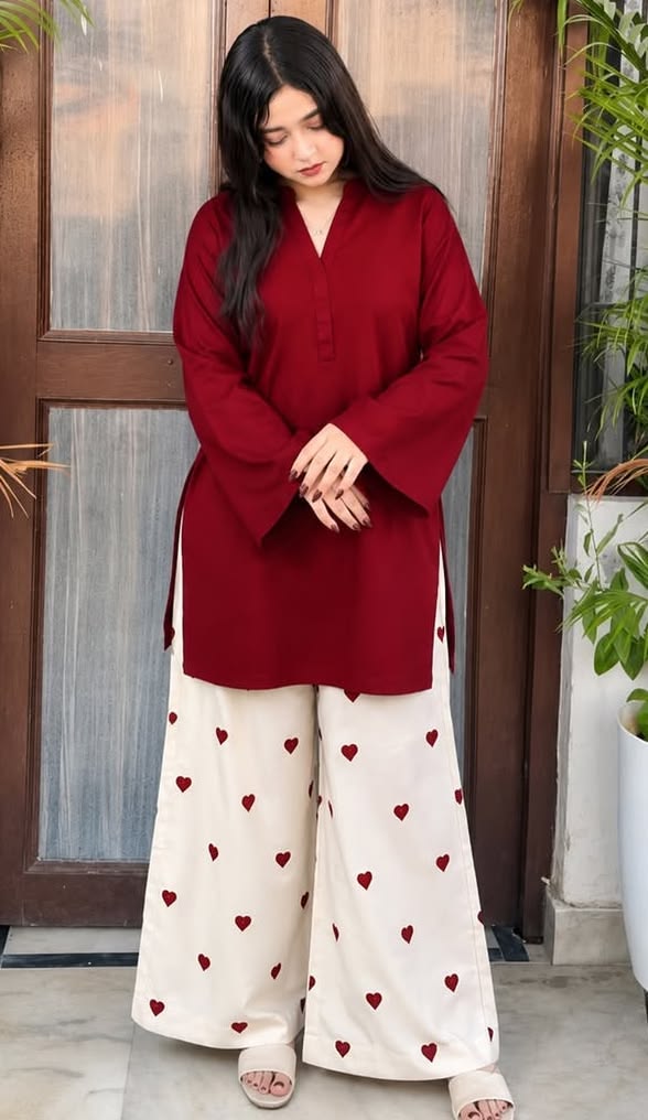 Wine Red Solid Kurta Trouser Set