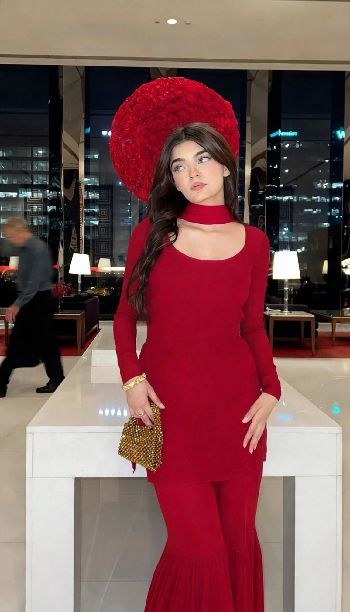 Solid Red Choker Kurta with Flared Gharara - Plain Daily Wear