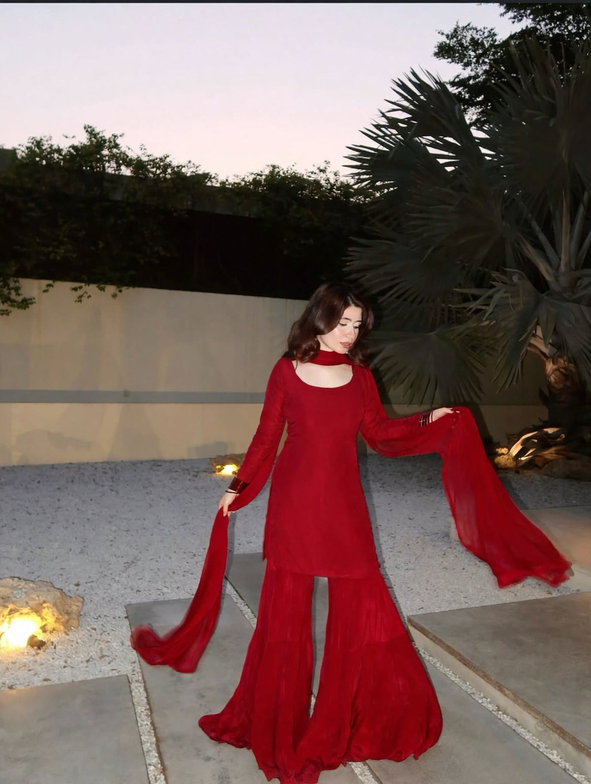 Solid Red Choker Kurta with Flared Gharara - Plain Daily Wear