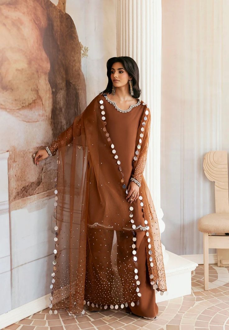 Brown Embellished 3-Piece Festive Suit