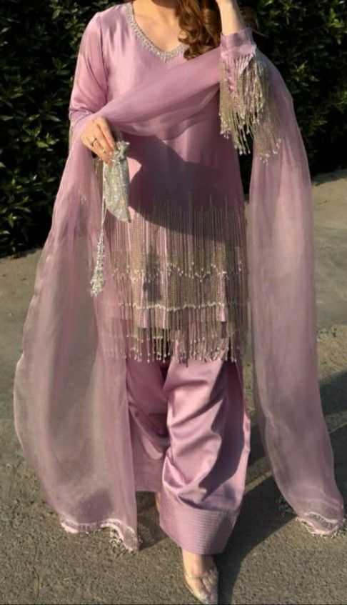 Embellished Kurta Set with Fringe Detailing