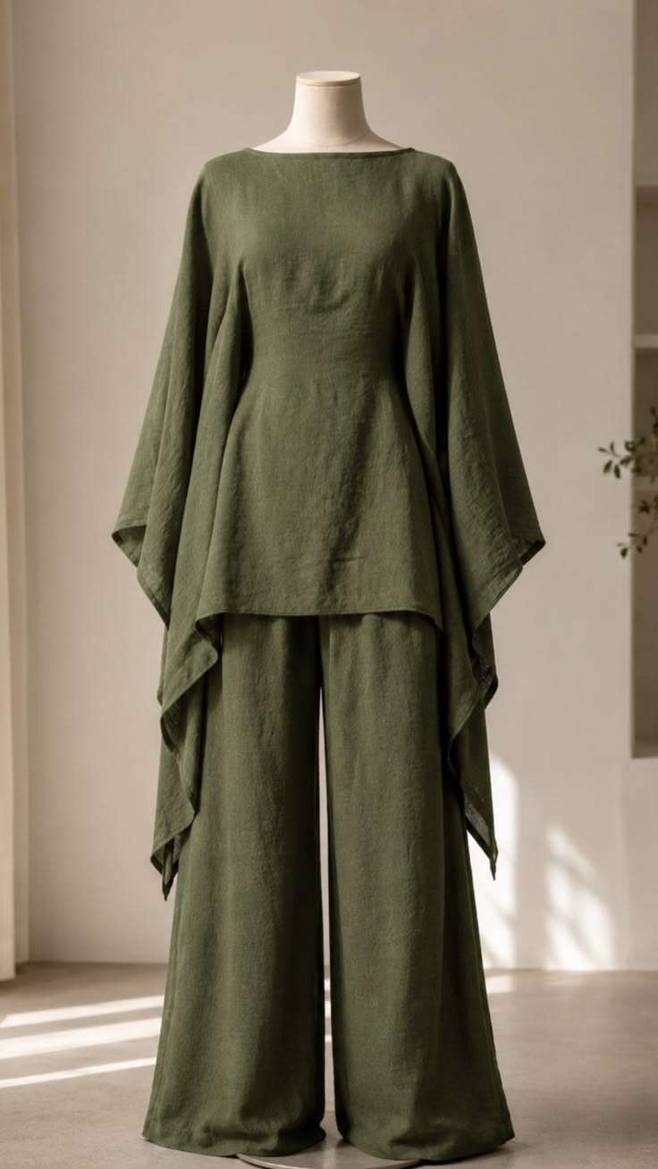 Olive Draped Cape Co-ord Set – 2 Piece