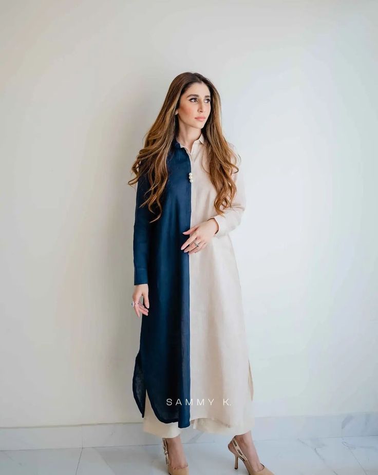 Dual-Tone Colorblock Long Shirt – Navy & Ivory